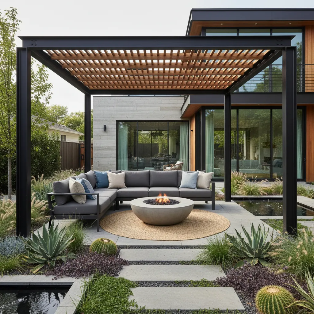 pérgola moderna en jardín residencial