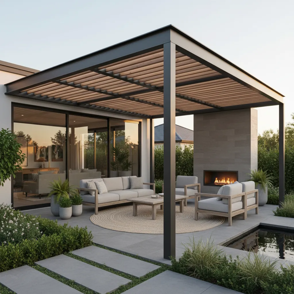 Modern outdoor patio with black metal roof gray sofa wooden coffee table fireplace and pool