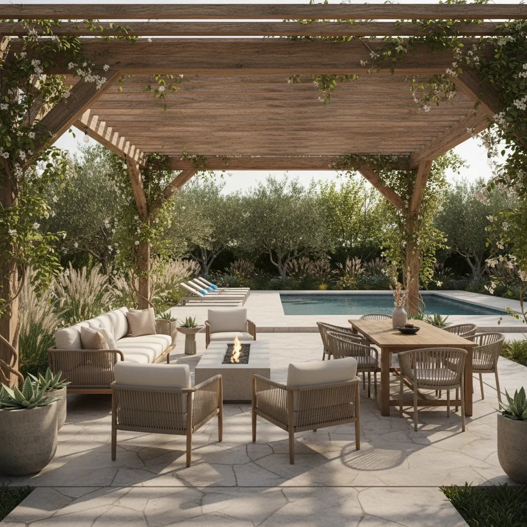 modern backyard pergola over patio seating area