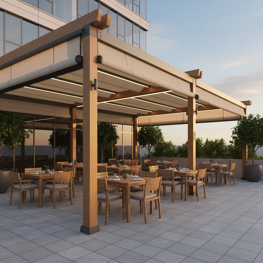 pergola covered restaurant patio with outdoor dining layout
