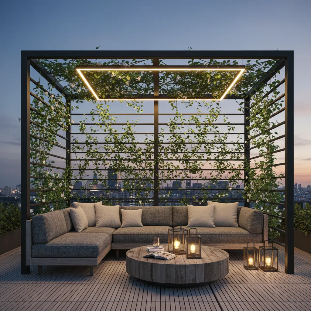 Rooftop terrace with grey sofa wooden table climbing plants and one square bright ceiling light