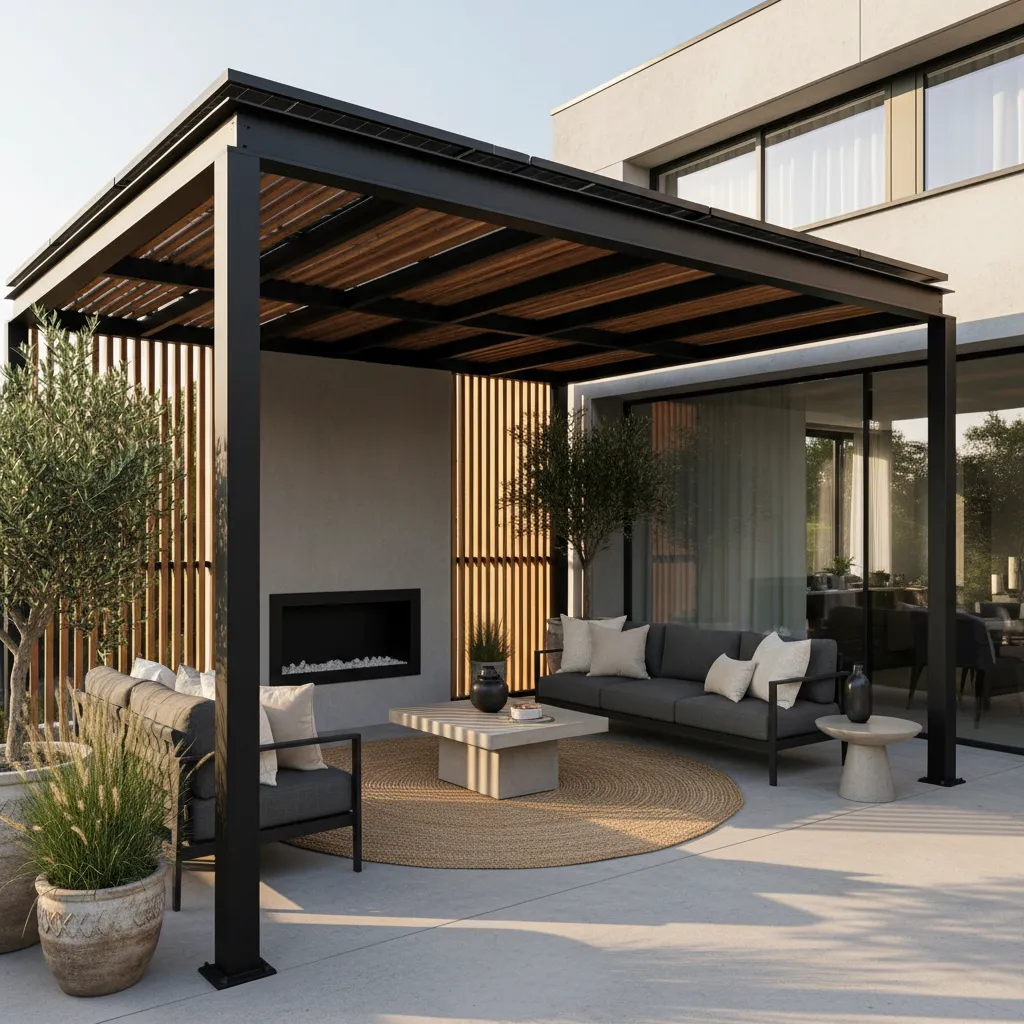 Pérgola moderna con paneles solares en terraza