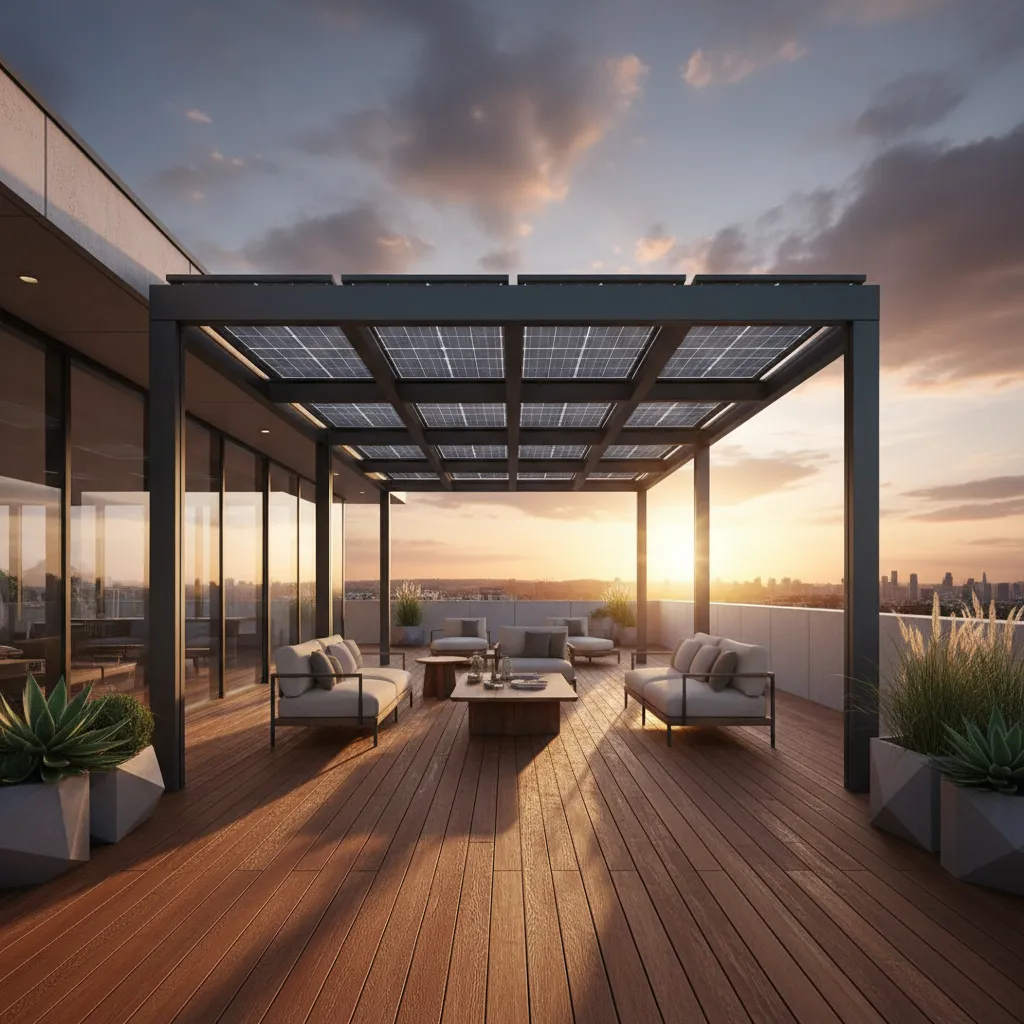 Terraza moderna con pérgola equipada con paneles solares