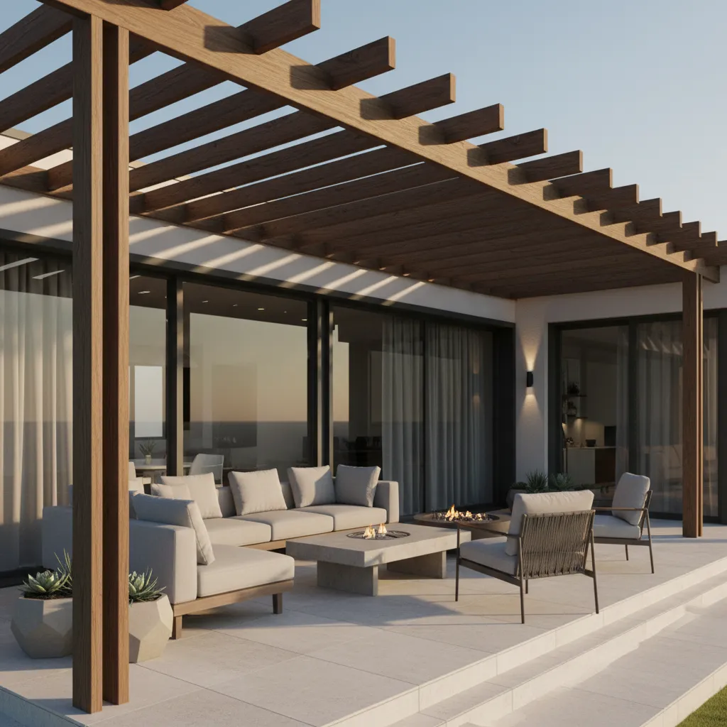 Porche con pérgola moderna que protege del sol