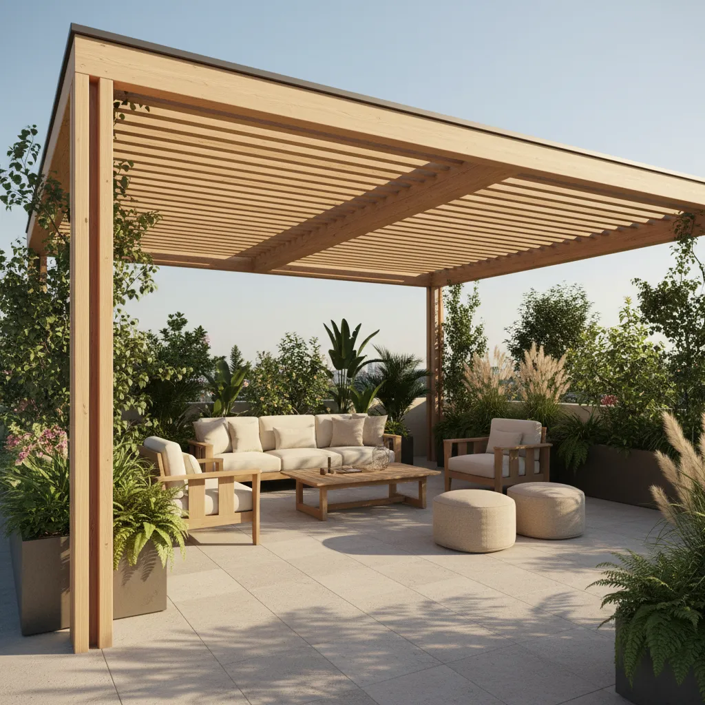 Wood pergola canopy covering a stylish terrace lounge area