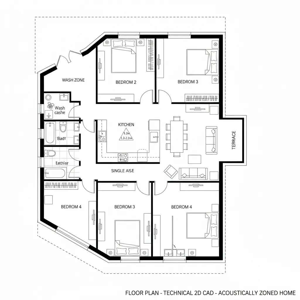 Top-down CAD plan with perimeter bedrooms and central kitchen-dining core