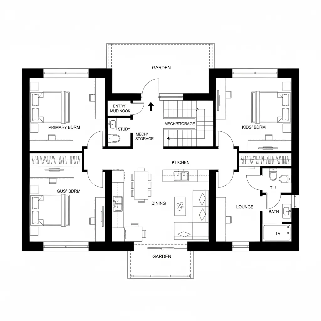 Floor plan layout with bedrooms on sides central kitchen dining area and two outdoor garden