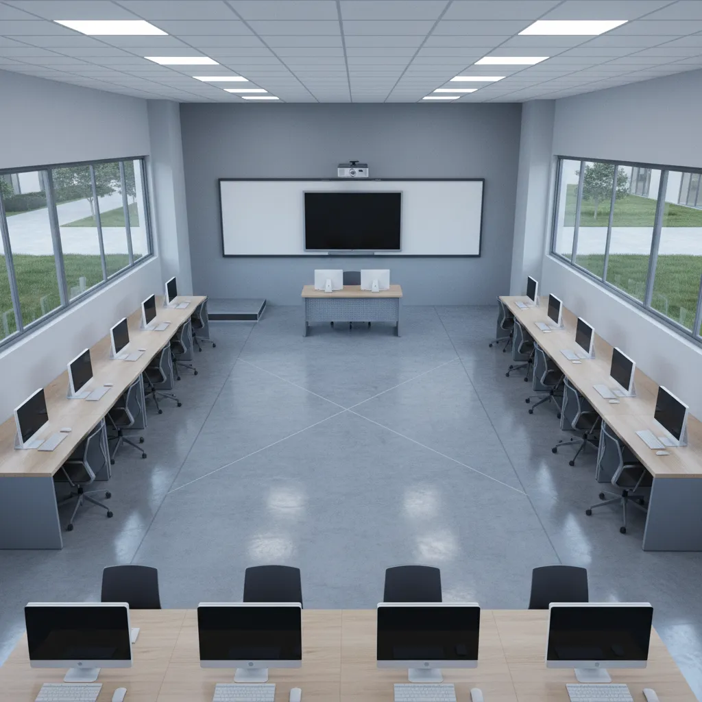 computer lab perimeter workstation layout with open center circulation