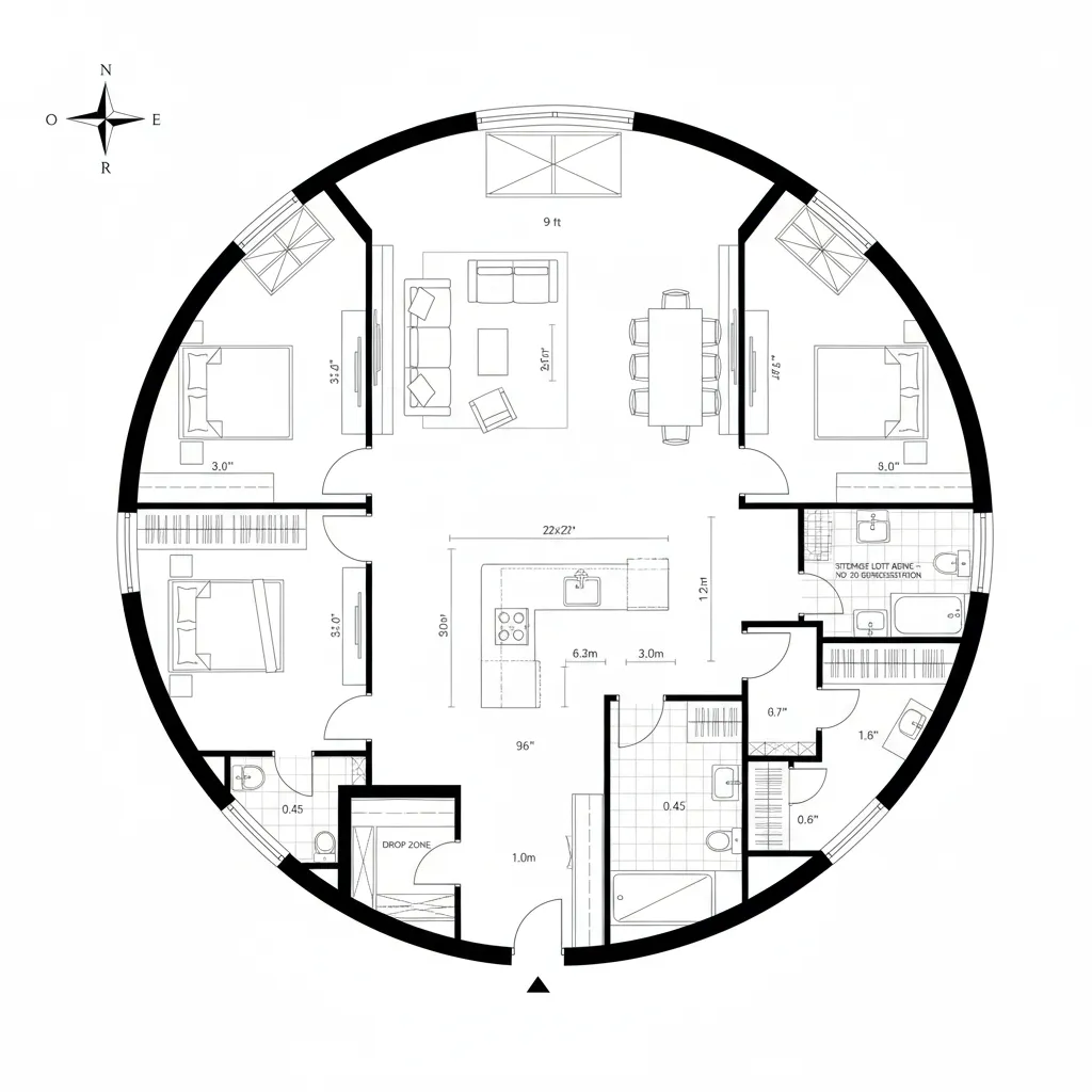 Interior design drawing of a circular apartment layout featuring central kitchen and radial room arrangement