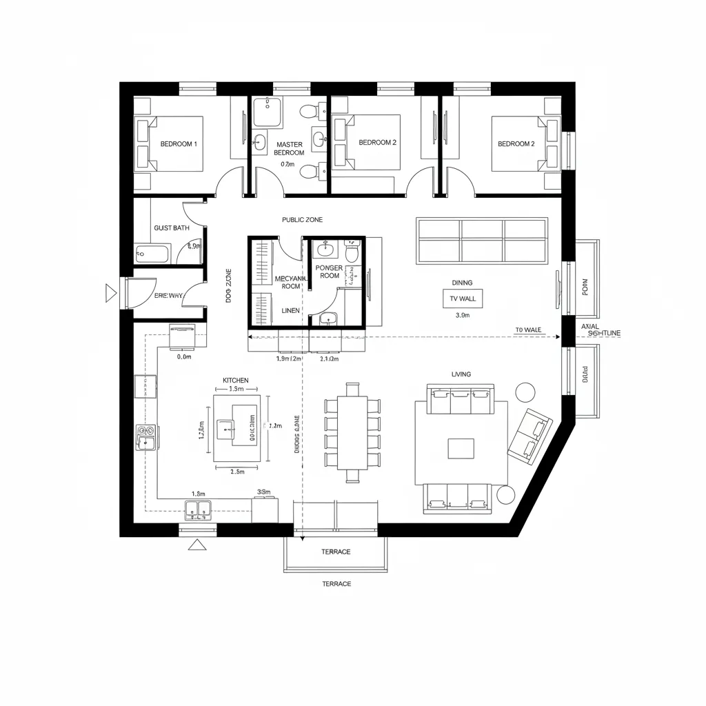 Coohom 2D floor plan showing three bedrooms, a kitchen, living area, dining room and terrace