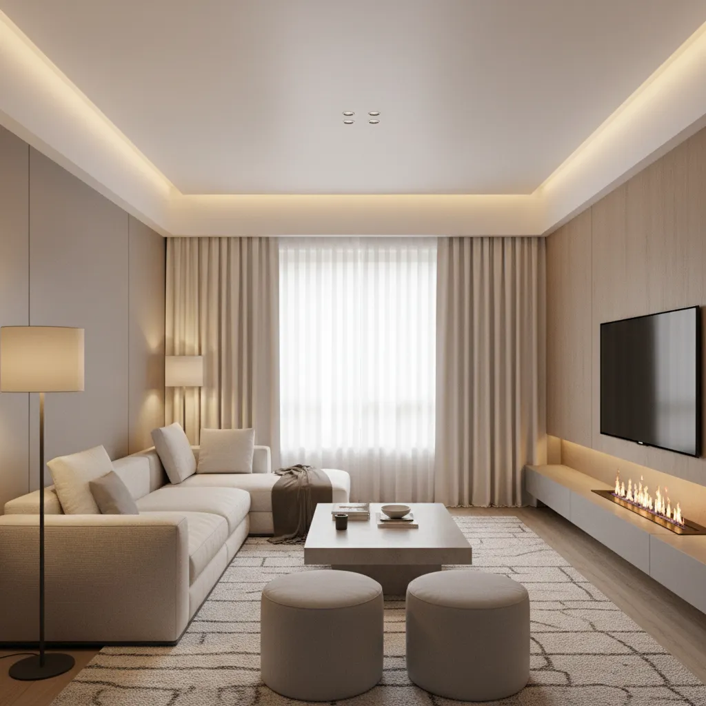 small living room with perimeter cove ceiling lighting effect