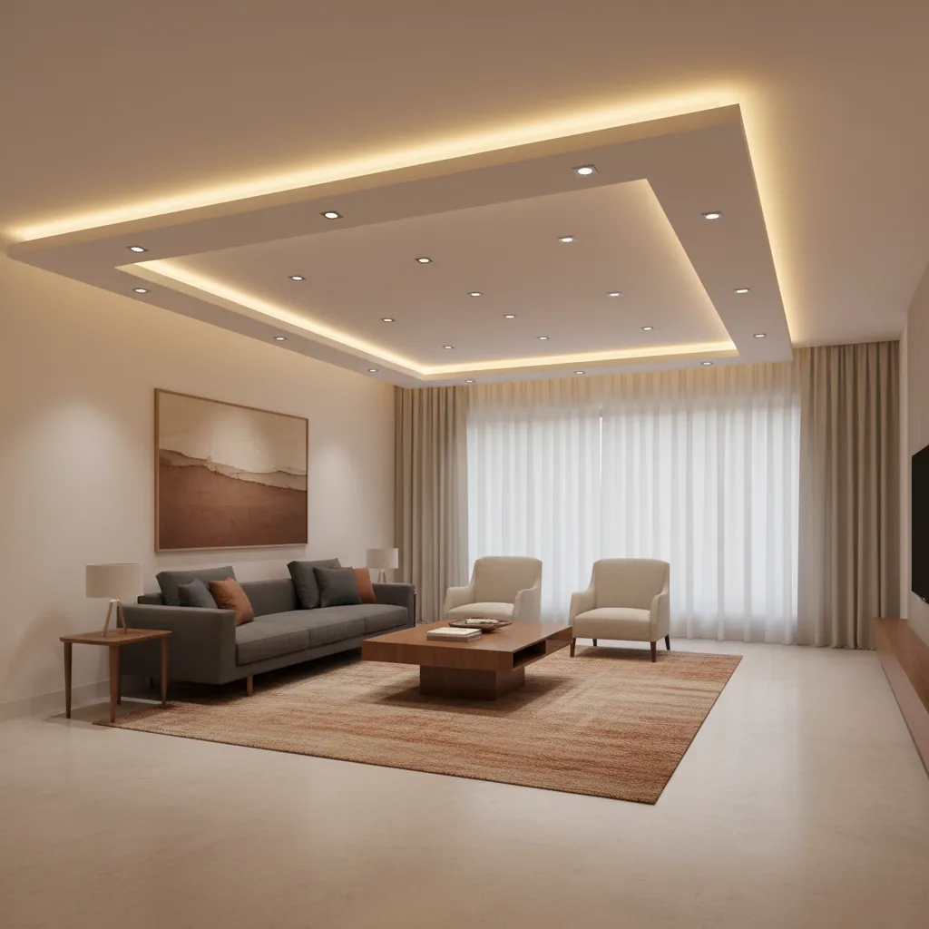 Perimeter cove lighting false ceiling layout in living room