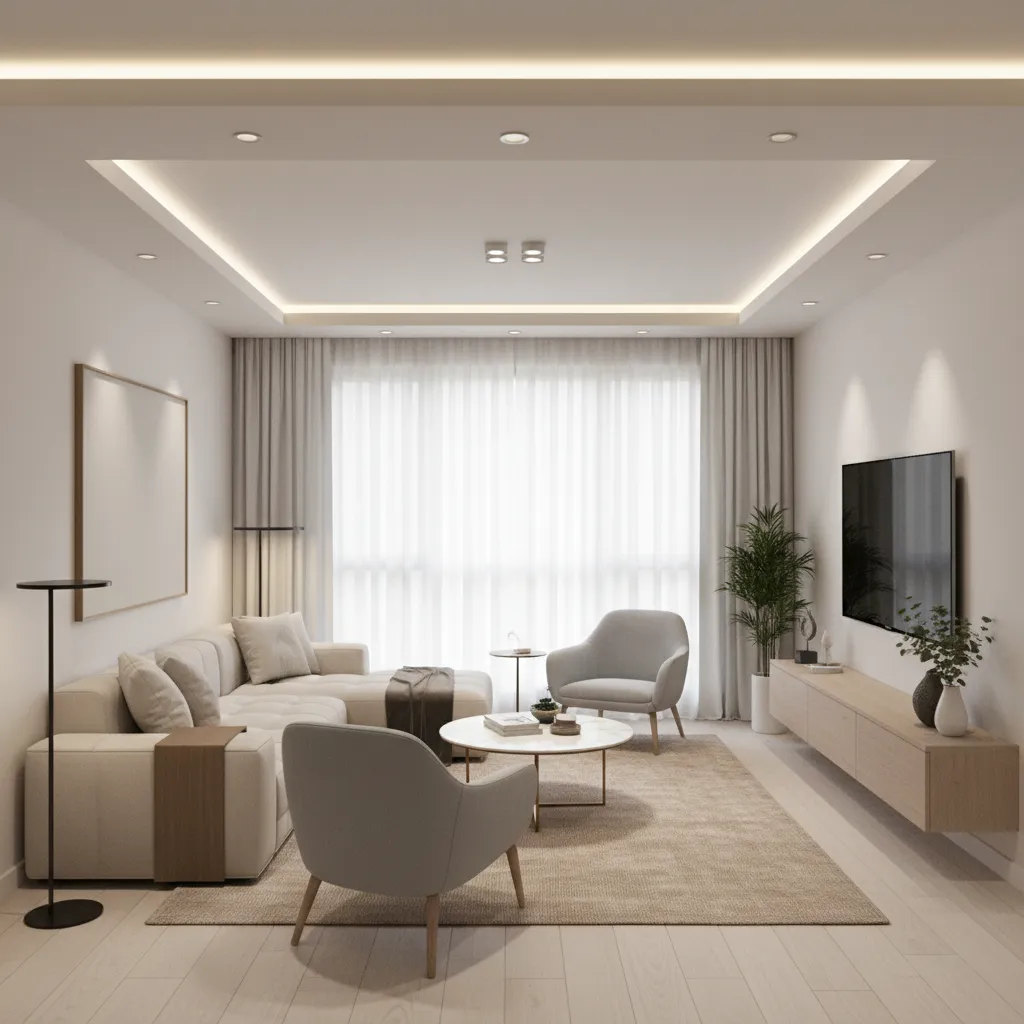 small hall with simple perimeter drop ceiling and recessed lights