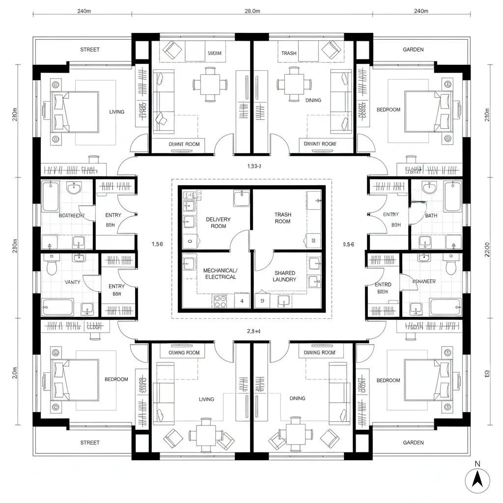 Top-down CAD plan of six perimeter flats around a quiet core