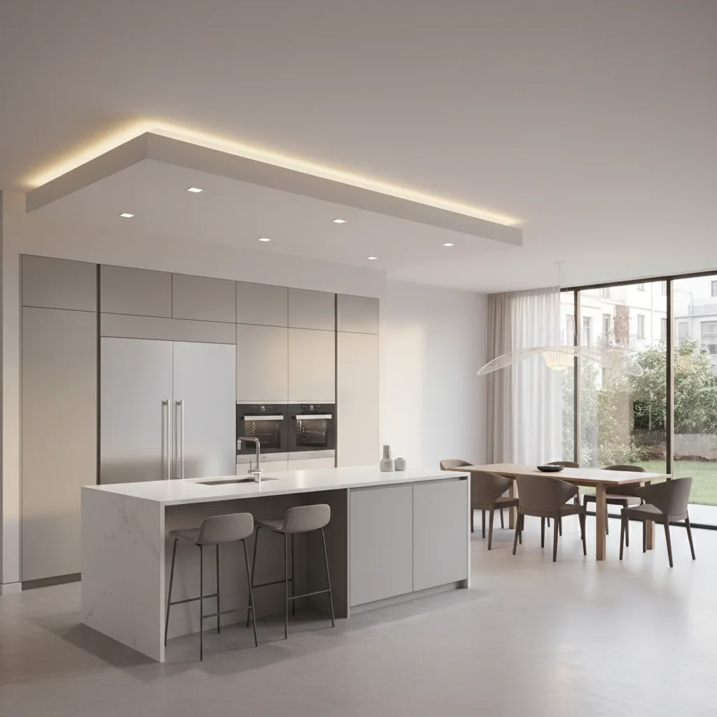 Perimeter ceiling bulkhead framing a modern open concept kitchen