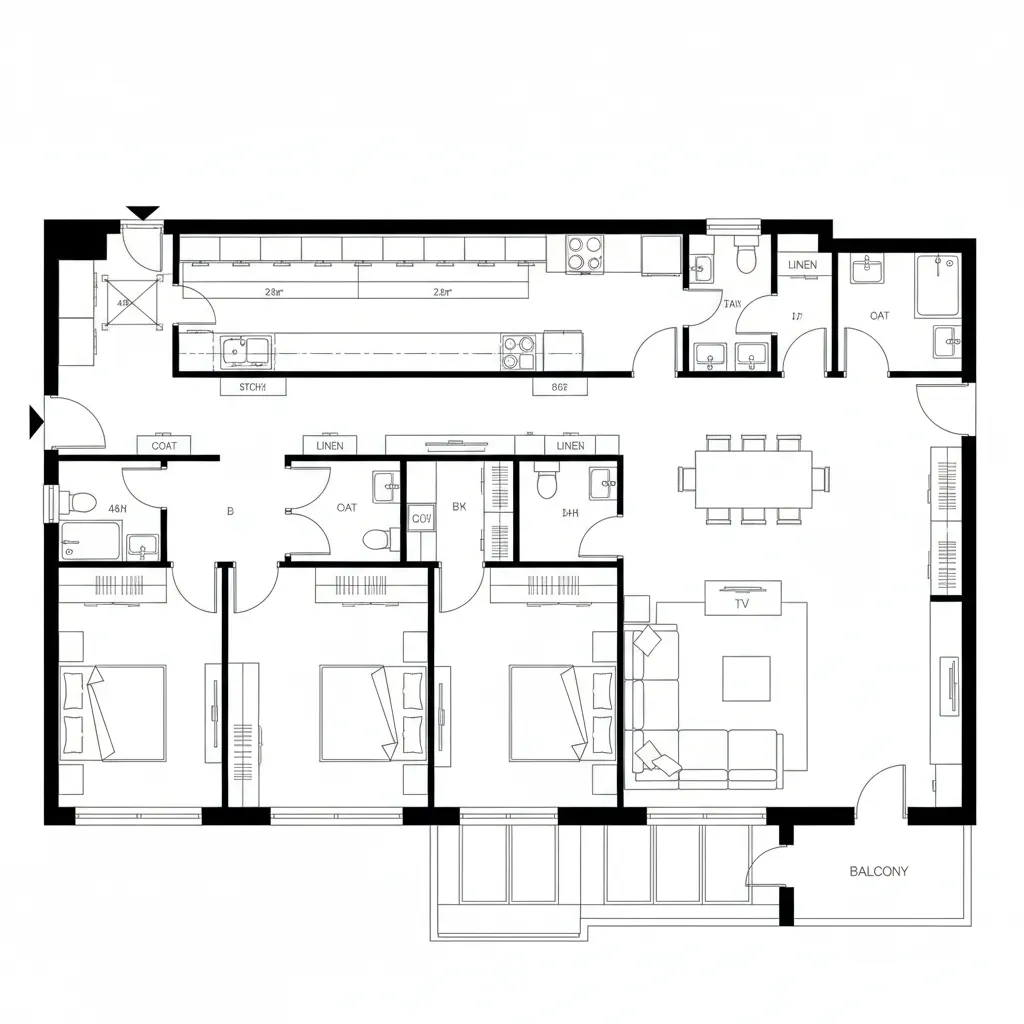 Detailed floor plan with three bedrooms long kitchen dining table living room and small balcony