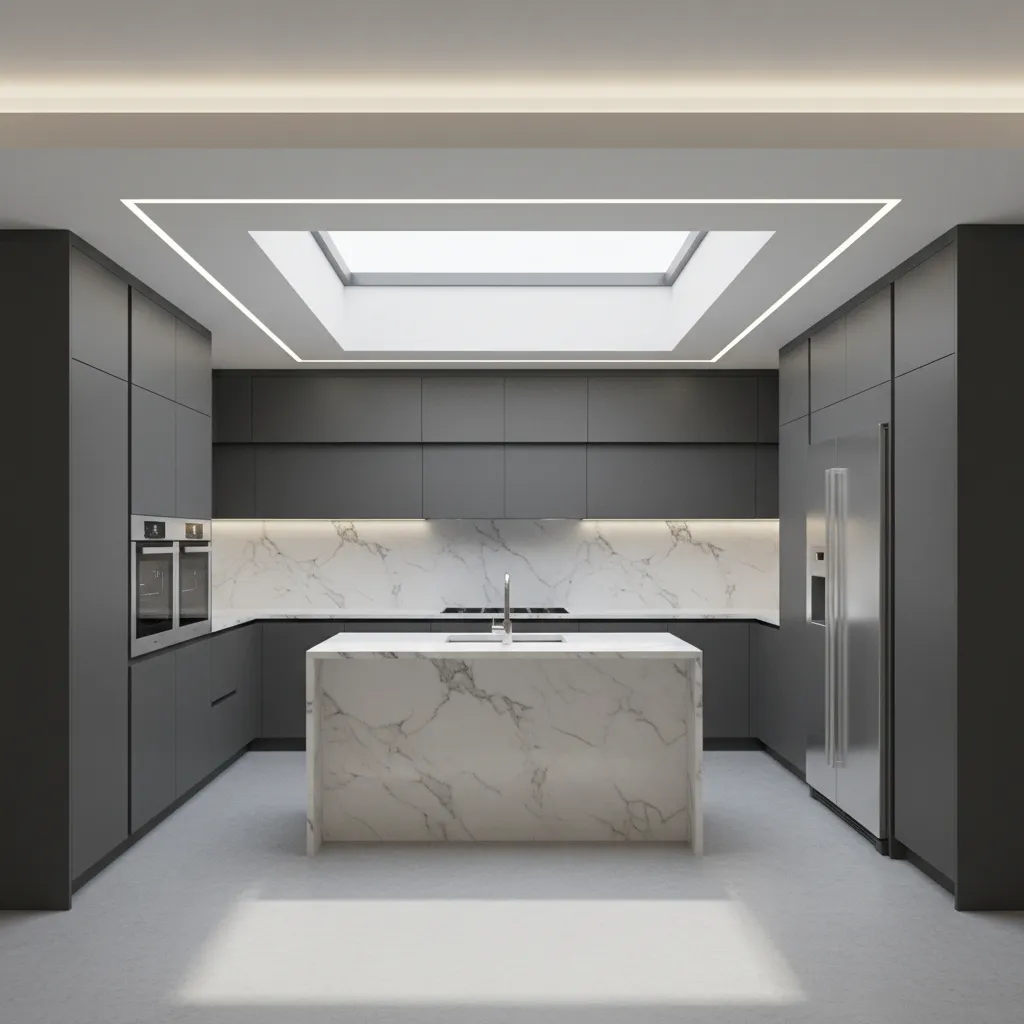 Kitchen with perimeter drop ceiling soffit and central higher ceiling