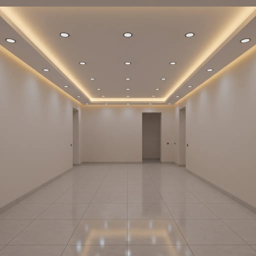 Perimeter gypsum false ceiling following the L shape of a modern hall