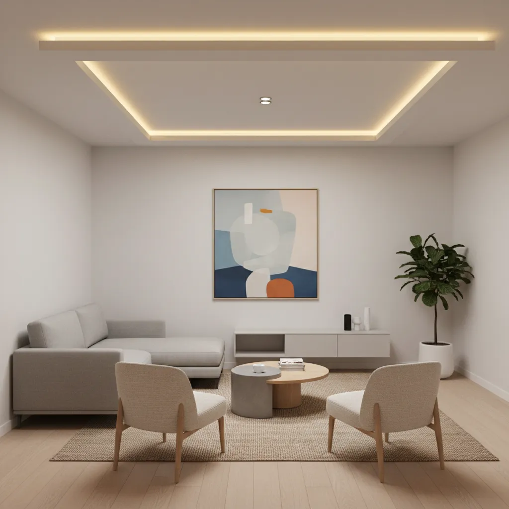 Minimalist living room with grey sofa two white chairs painting plant and perimeter ceiling light