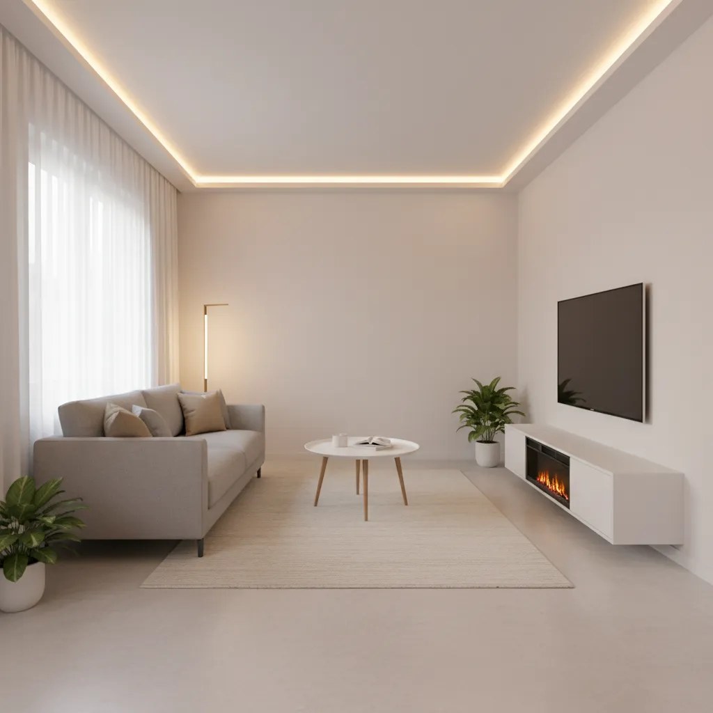 Perimeter LED false ceiling design in a small modern living room