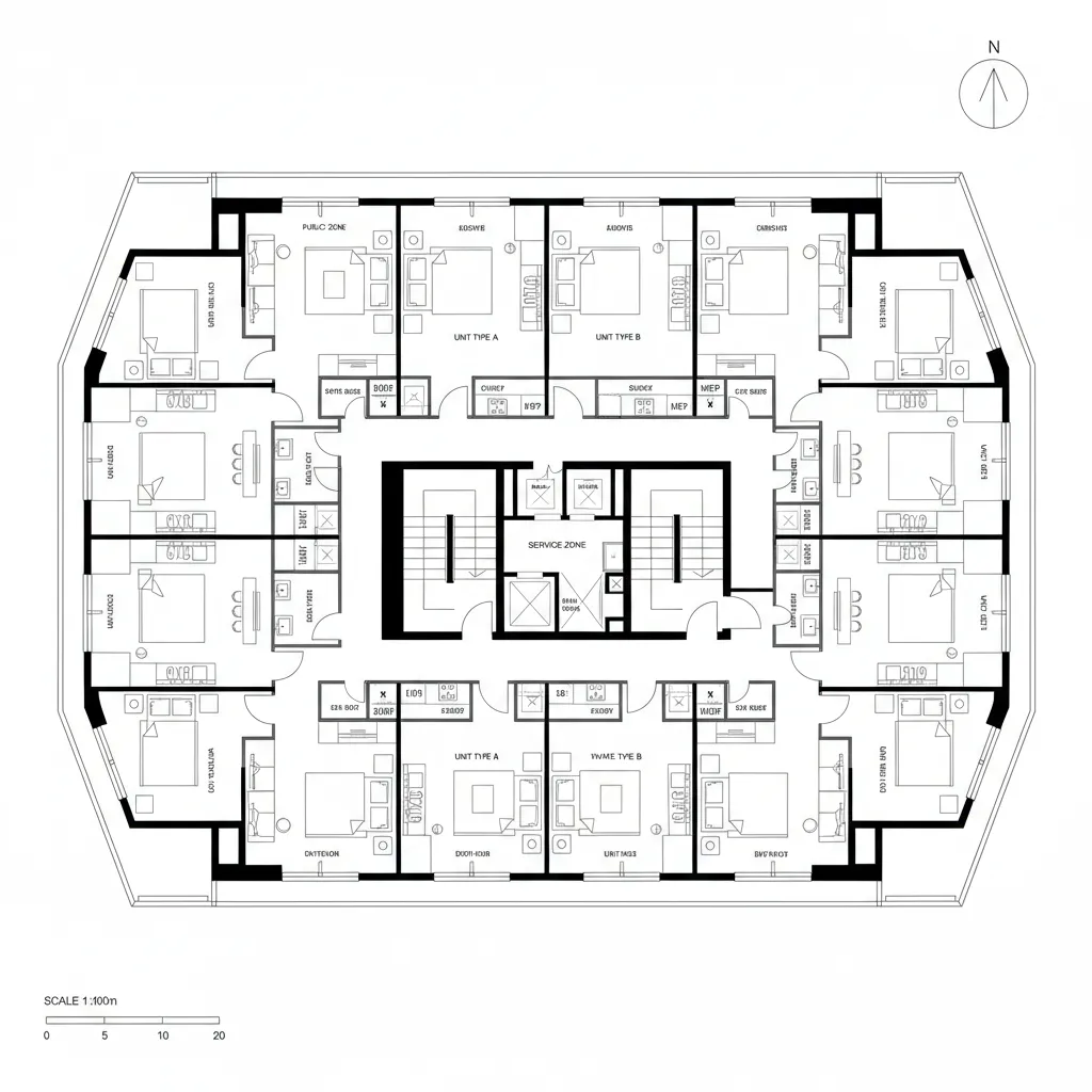 Interior design drawing of a large apartment floor plan showing multiple bedrooms and living room areas
