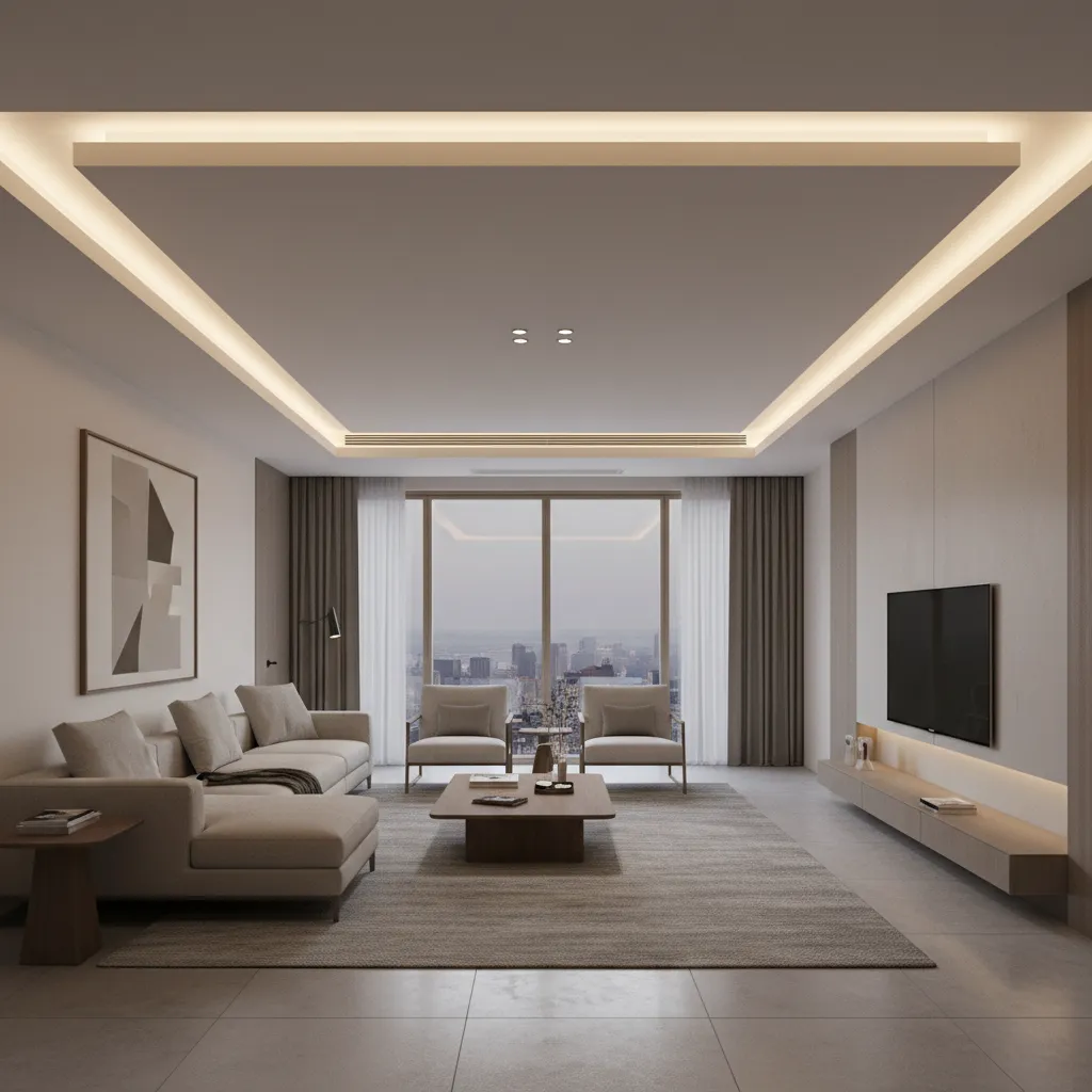 Rectangular living room ceiling with indirect perimeter LED lighting