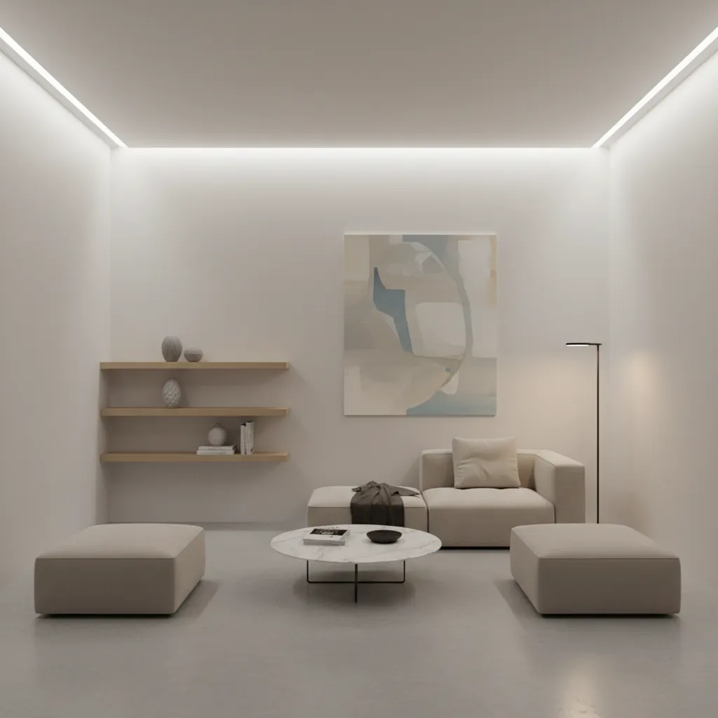 Small living room with illuminated corners creating spacious feel