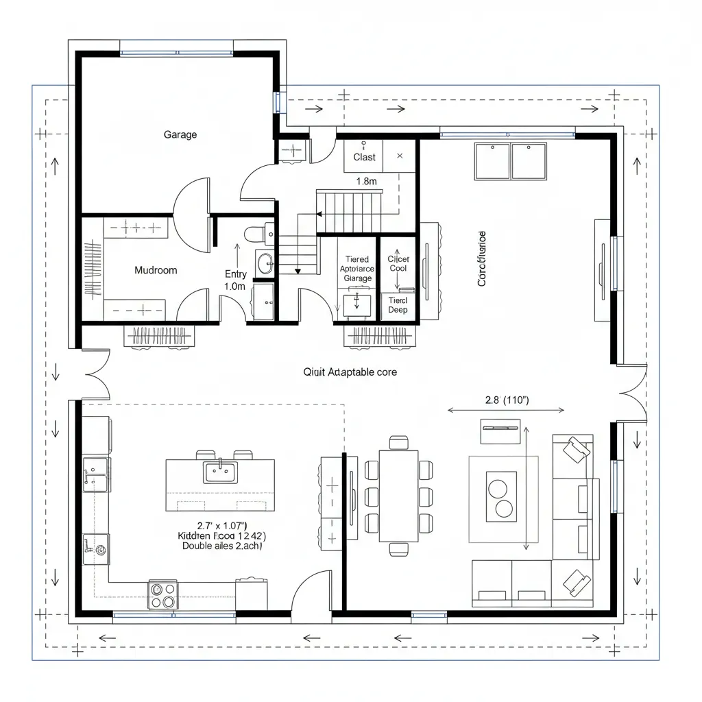 Detailed floor plan showing a garage mudroom kitchen island dining table and living room layout