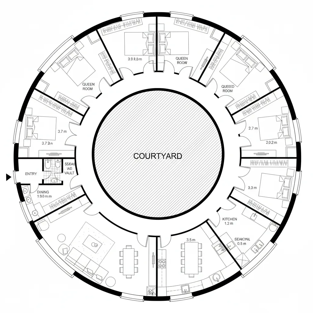 Top-down CAD plan of a perimeter loop around a central courtyard