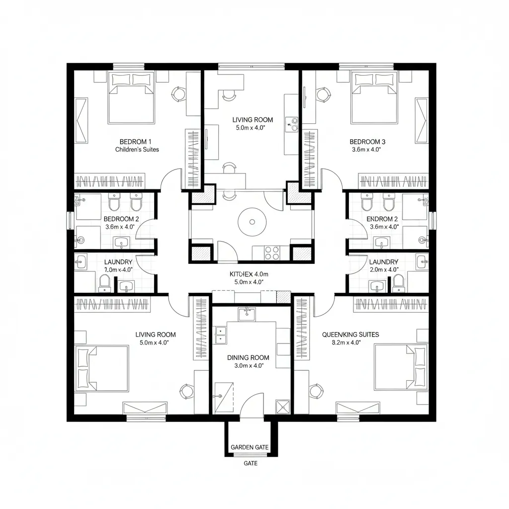 Top-down CAD plan of perimeter bedroom loop around a central courtyard