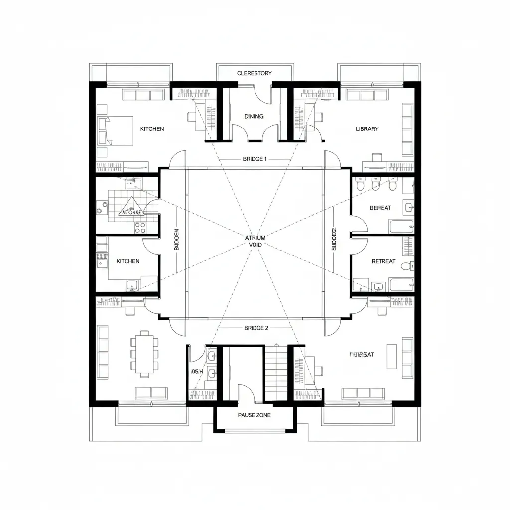 Symmetrical room layout showing central open space with kitchen dining area library and study rooms