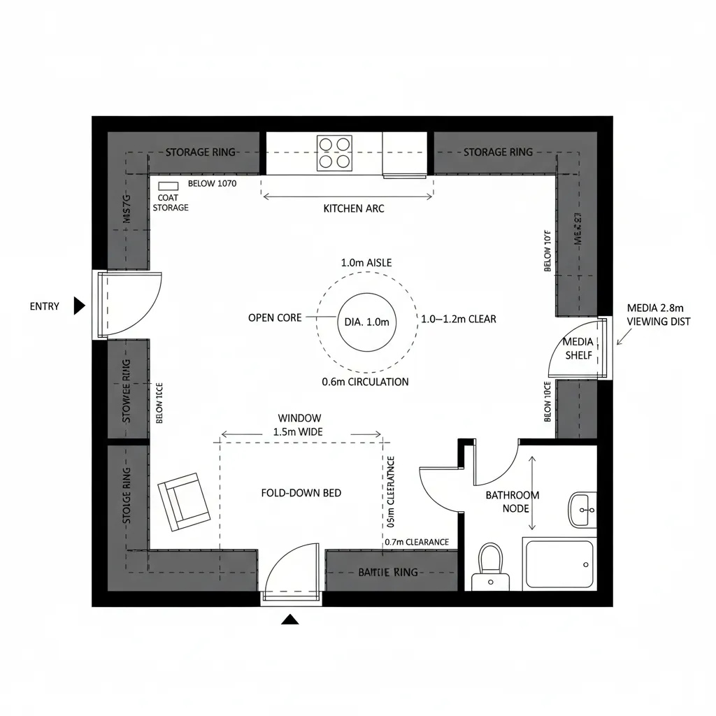 Modern studio room layout with storage cabinets around the walls fold down bed and central kitchen