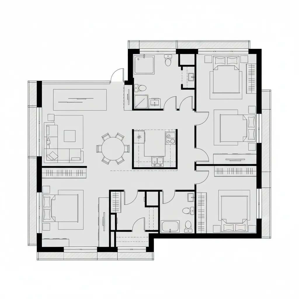 Modern apartment floor plan layout showing three bedrooms living area dining room and two small bathrooms