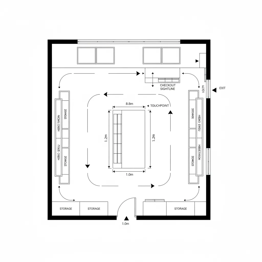 Top-down CAD plan of a retail perimeter loop with central island