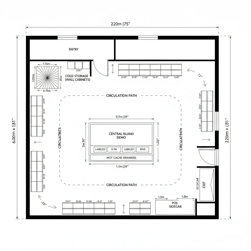 Retail shop layout drawing featuring a central display table wall shelves and clear walking path