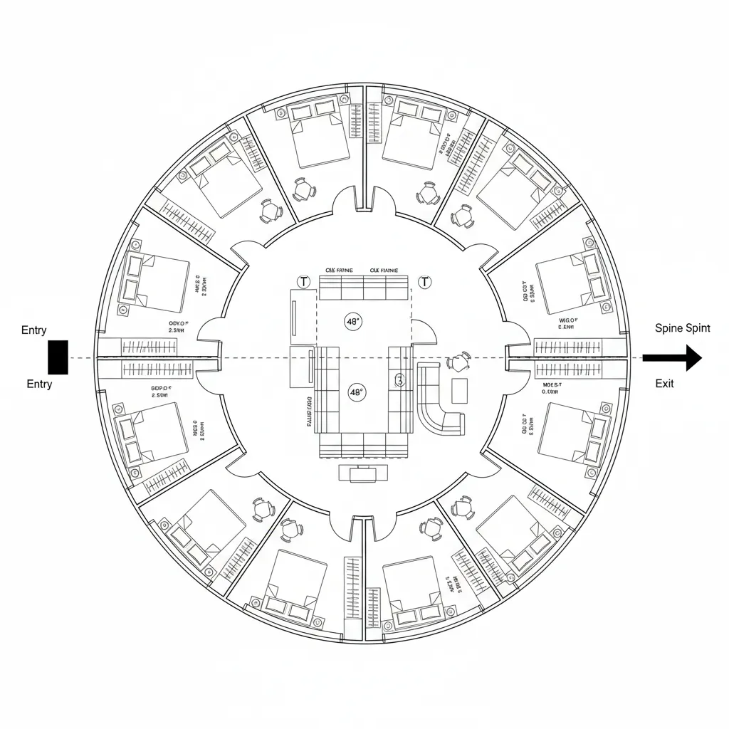 Top-down CAD plan of perimeter loop corridor with a central collaboration spine