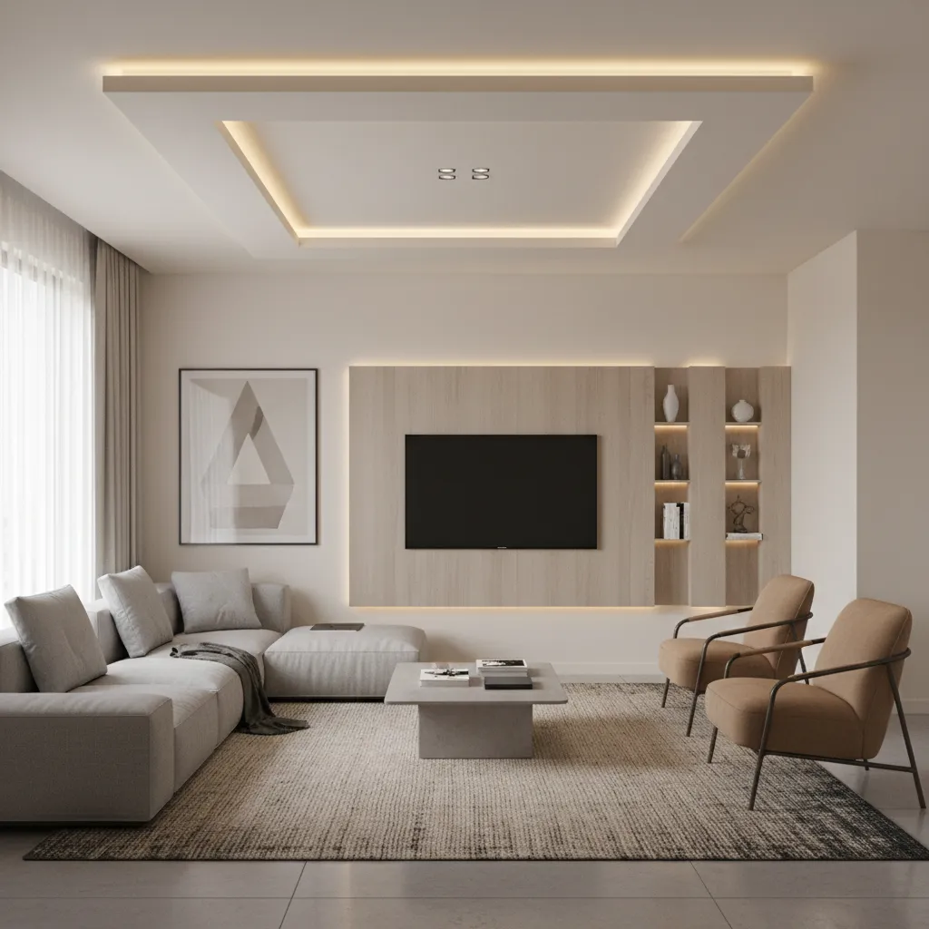Small living room with perimeter plus minus ceiling and LED cove lighting
