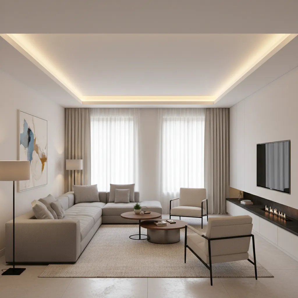 perimeter POP ceiling design with hidden LED lighting in living room