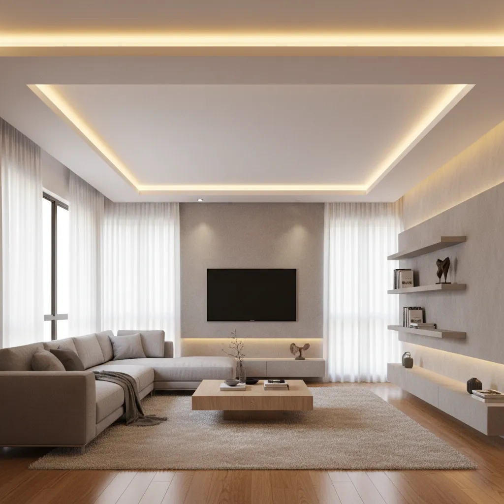 perimeter POP ceiling with LED cove lighting in living room