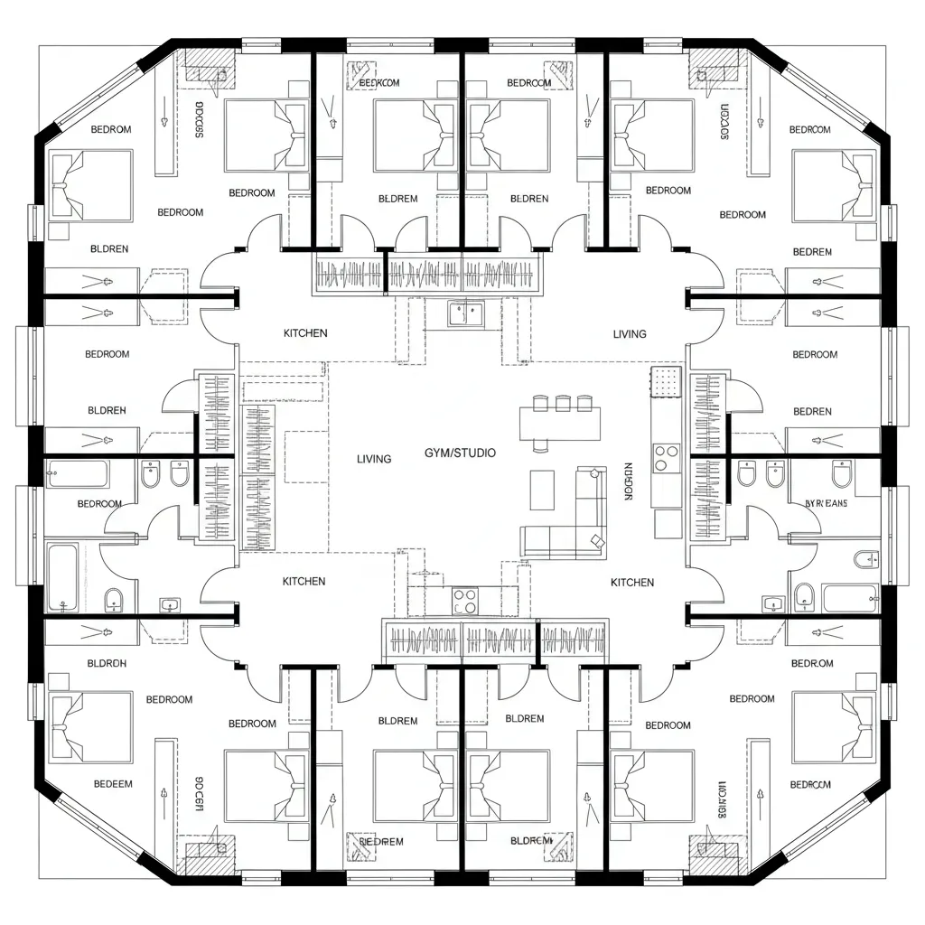 Floor plan drawing showing many small bedrooms surrounding a central kitchen and a large gym area