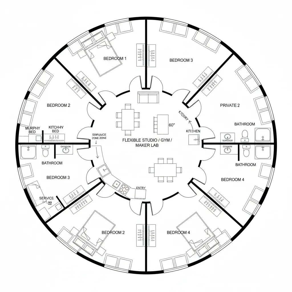 Top-down CAD plan with perimeter bedroom ring and a flexible core studio