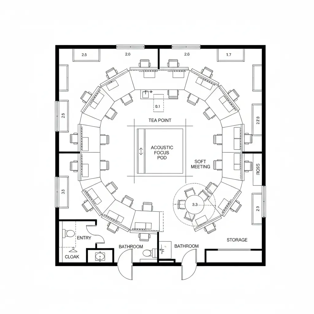 Top-down CAD plan with perimeter workstations and quiet central core