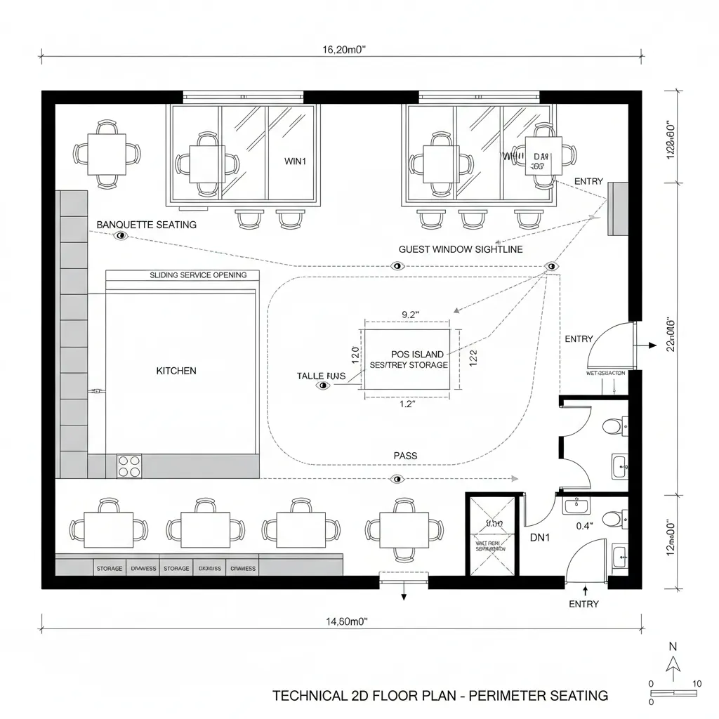 Top-down CAD plan with perimeter banquettes and clear central loop circulation