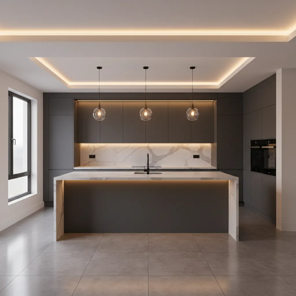 Kitchen with perimeter tray false ceiling and soft LED lighting