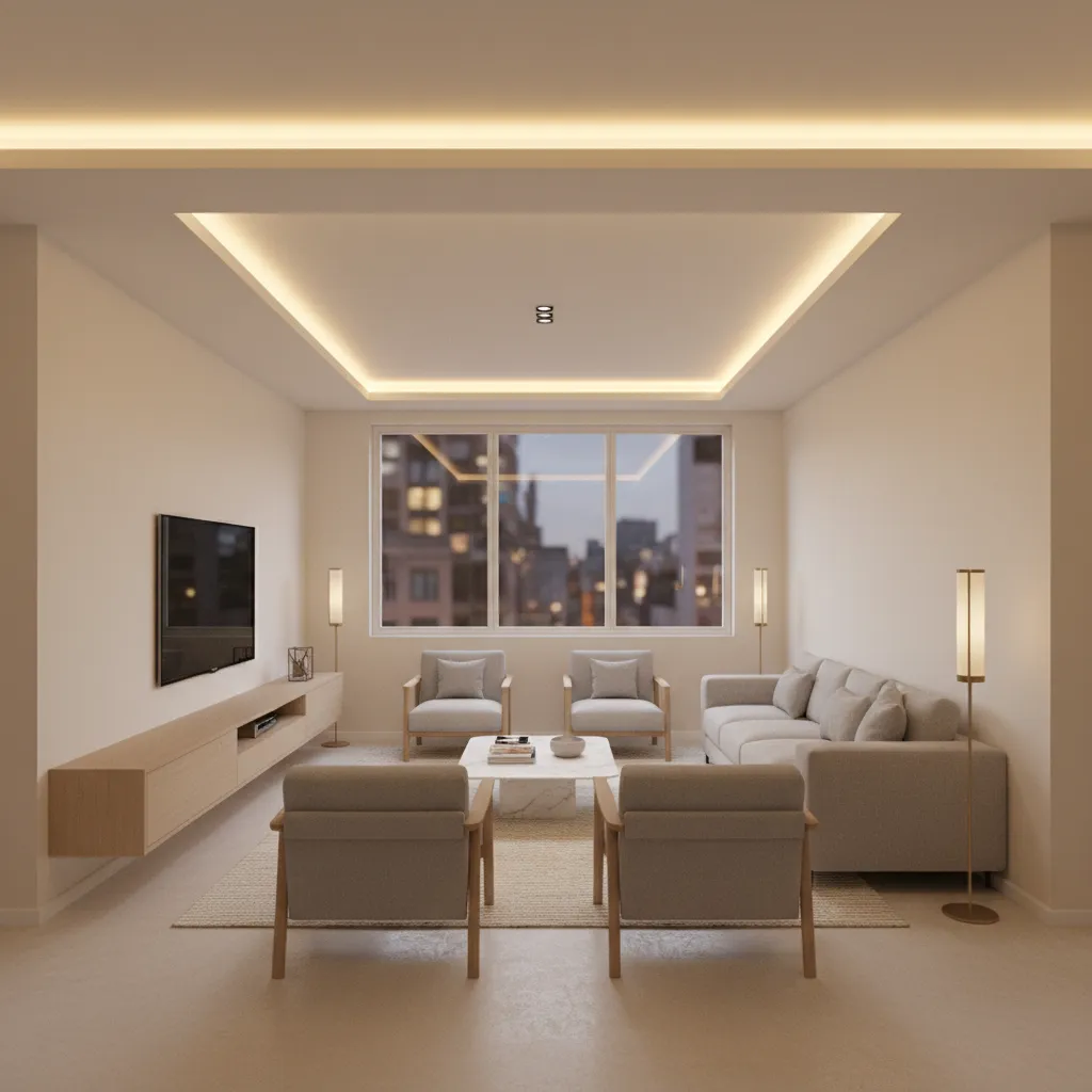 perimeter tray pop ceiling with LED strip lighting in small hall