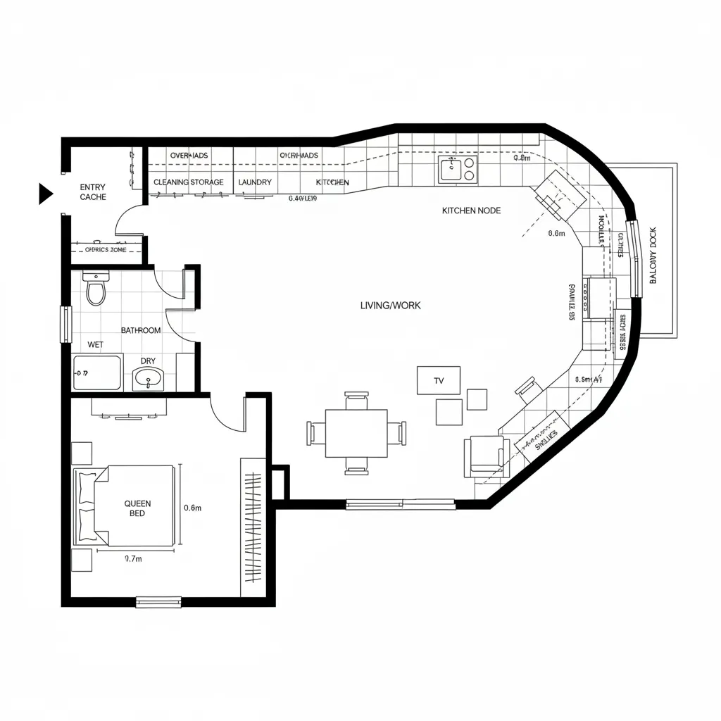 Modern studio apartment floor plan featuring a curved outer wall, kitchen, queen bed, and balcony.
