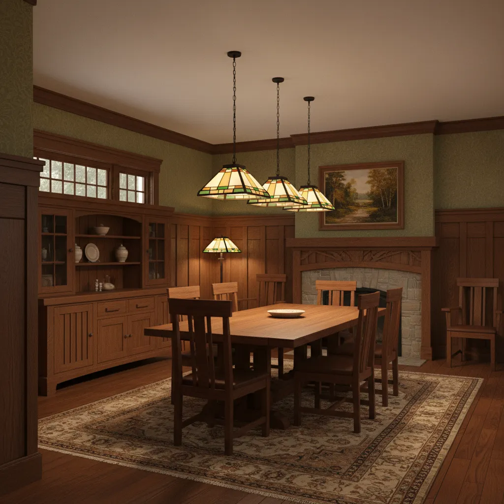 Mission style pendant lighting with art glass shades in a craftsman dining room