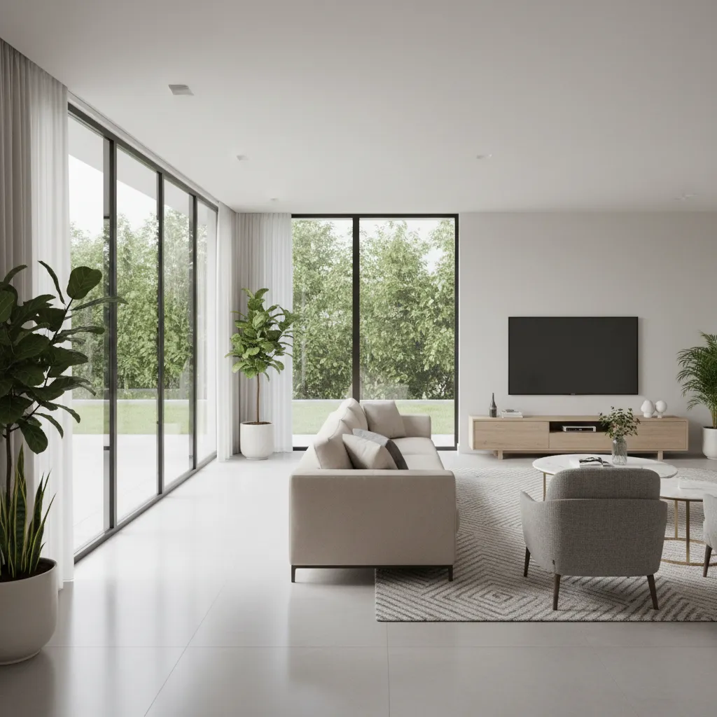 Perpendicular sofa layout keeping walkway clear along sliding glass doors