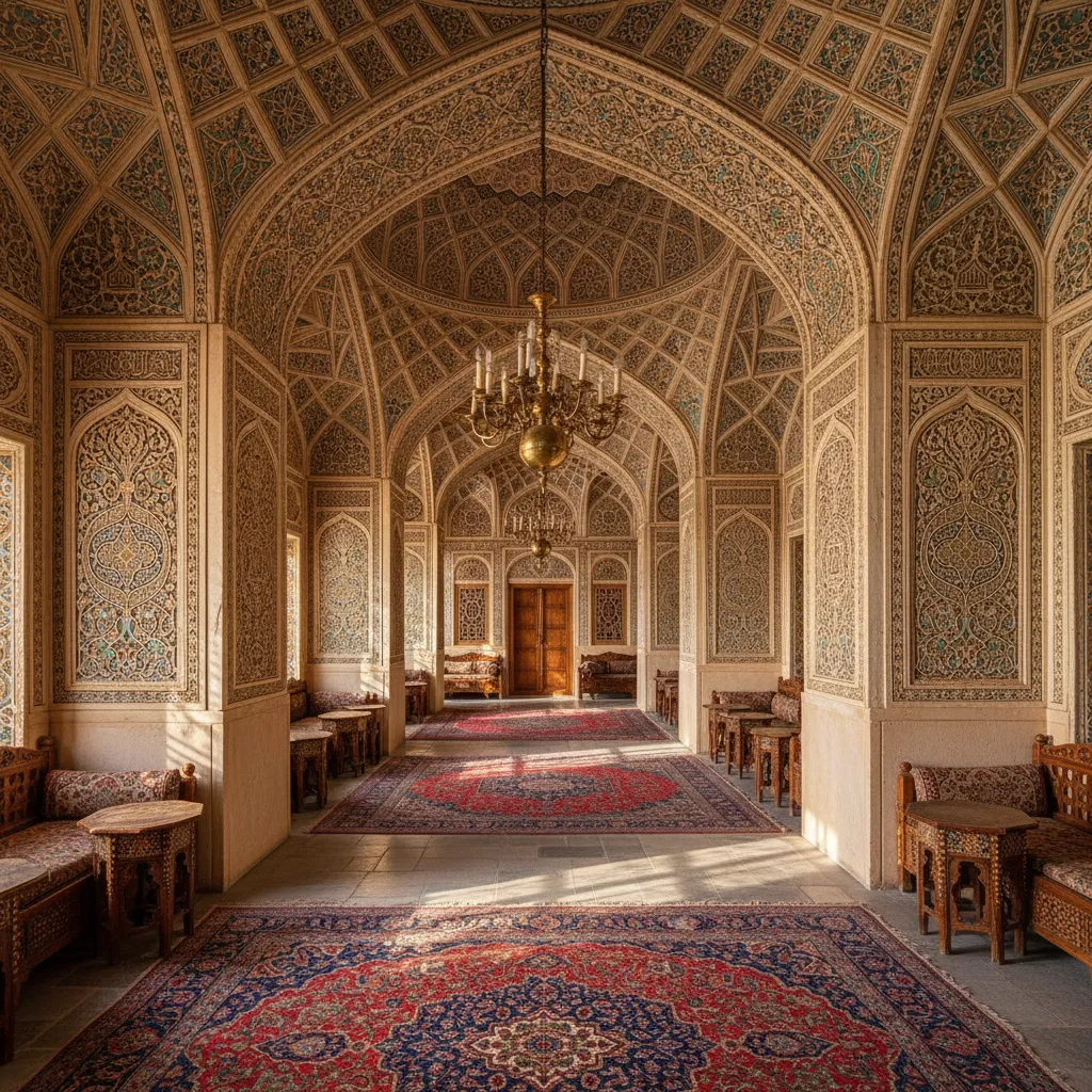 Interior persa con arcos simétricos y decoración geométrica
