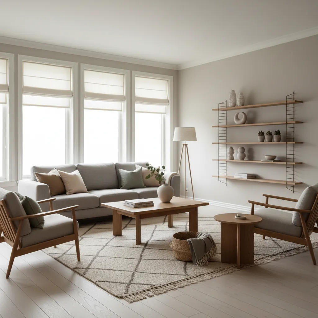 Interior de estilo nórdico con persianas claras integradas en la decoración